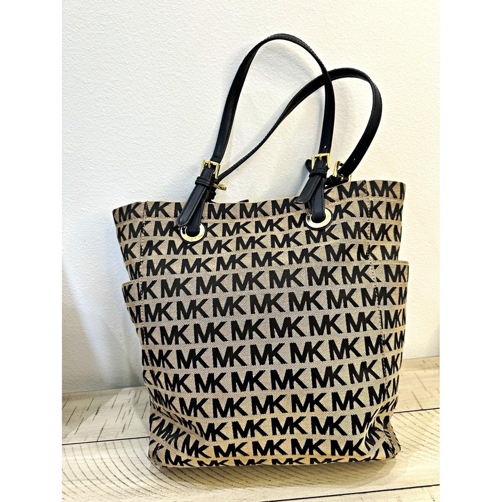 Michael Kors MK Logo Tote Shoulder Bag Beige/Black, Black Straps, Gold HW